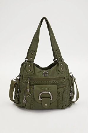 Yeşil Örgü Detaylı Omuz Çantası