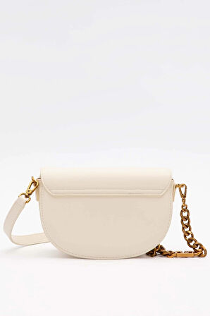 Bej Oval Zincir Detaylı Omuz Çantası