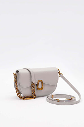 Gri Oval Zincir Detaylı Omuz Çantası