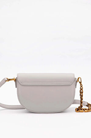 Gri Oval Zincir Detaylı Omuz Çantası