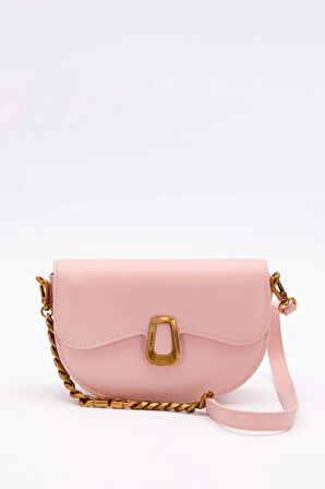 Pembe Oval Zincir Detaylı Omuz Çantası