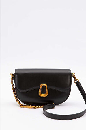 Siyah Oval Zincir Detaylı Omuz Çantası