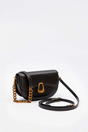 Siyah Oval Zincir Detaylı Omuz Çantası