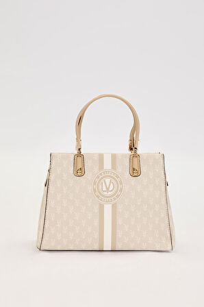 Krem Monogram Desenli El Çantası