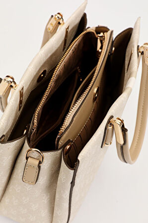 Krem Monogram Desenli El Çantası