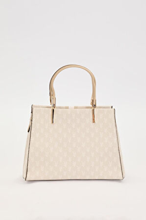 Krem Monogram Desenli El Çantası