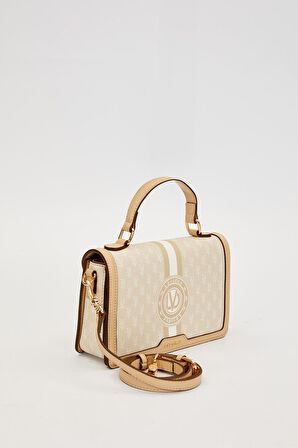 Krem Logolu Monogram Desen El Çantası