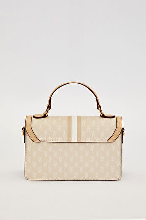 Krem Logolu Monogram Desen El Çantası