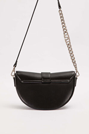 Asimetrik Tasarım, Zincir Ve Logo Detaylı Şık Kadın Omuz Çantası 930373 Siyah