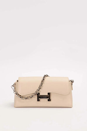 Şık Tasarım Uzun Askılı Zincir Detaylı Kadın Omuz Çantası 930405 Krem