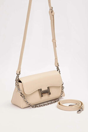 Şık Tasarım Uzun Askılı Zincir Detaylı Kadın Omuz Çantası 930405 Krem