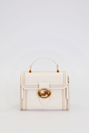 Otantik Fayton Metal Logo ve Nakış Detaylı Orta Boy Kadın El ve Omuz Çantası LV930574 Krem