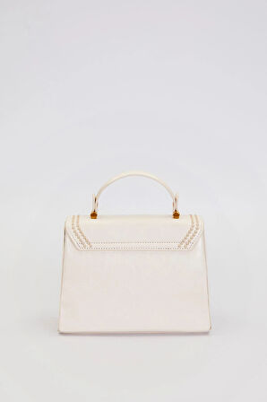 Otantik Fayton Metal Logo ve Nakış Detaylı Orta Boy Kadın El ve Omuz Çantası LV930574 Krem