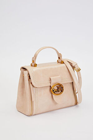 Otantik Fayton Metal Logo ve Nakış Detaylı Orta Boy Kadın El ve Omuz Çantası LV930574 Bej