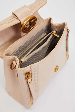 Otantik Fayton Metal Logo ve Nakış Detaylı Orta Boy Kadın El ve Omuz Çantası LV930574 Bej