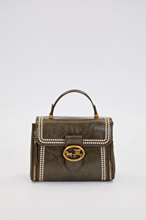 Otantik Fayton Metal Logo ve Nakış Detaylı Orta Boy Kadın El ve Omuz Çantası LV930574 Yeşil