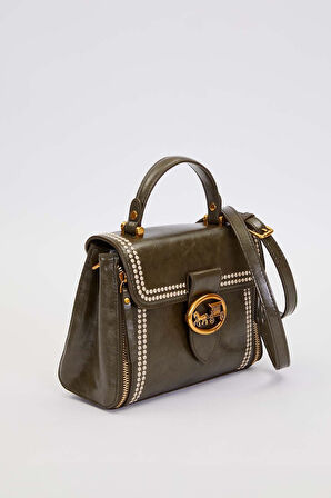 Otantik Fayton Metal Logo ve Nakış Detaylı Orta Boy Kadın El ve Omuz Çantası LV930574 Yeşil