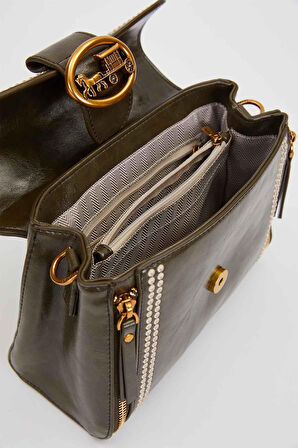 Otantik Fayton Metal Logo ve Nakış Detaylı Orta Boy Kadın El ve Omuz Çantası LV930574 Yeşil