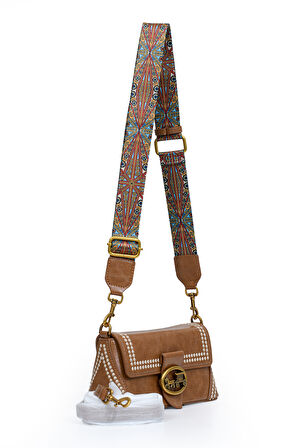 Otantik Fayton Metal Logo ve Etnik Desen Detaylı Kadın Omuz Çantası LV930575 Camel