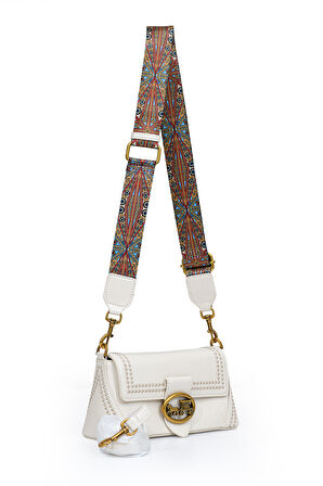 Otantik Fayton Metal Logo ve Etnik Desen Detaylı Kadın Omuz Çantası LV930575 Krem