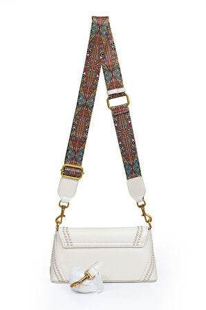 Otantik Fayton Metal Logo ve Etnik Desen Detaylı Kadın Omuz Çantası LV930575 Krem