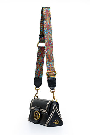 Otantik Fayton Metal Logo ve Etnik Desen Detaylı Kadın Omuz Çantası LV930575 Siyah