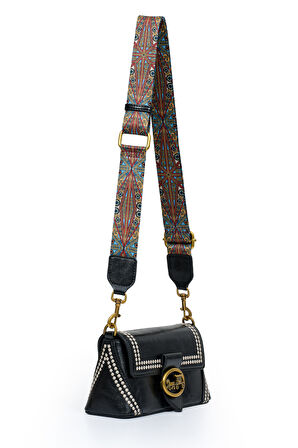 Otantik Fayton Metal Logo ve Etnik Desen Detaylı Kadın Omuz Çantası LV930575 Siyah
