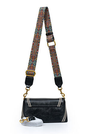 Otantik Fayton Metal Logo ve Etnik Desen Detaylı Kadın Omuz Çantası LV930575 Siyah