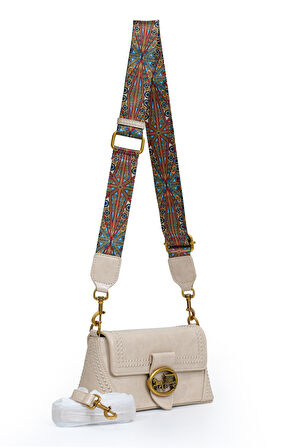 Otantik Fayton Metal Logo ve Etnik Desen Detaylı Kadın Omuz Çantası LV930575 Vizon