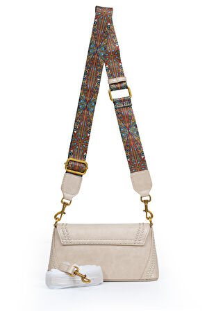 Otantik Fayton Metal Logo ve Etnik Desen Detaylı Kadın Omuz Çantası LV930575 Vizon