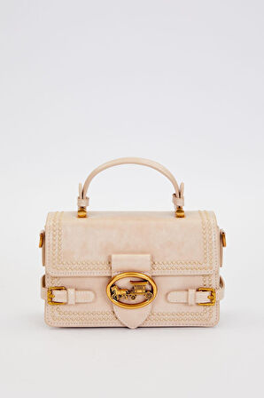 Otantik Fayton Metal Logo Nakış ve Kemer Detaylı Küçük Boy Kadın El ve Omuz Çantası LV930576 Bej