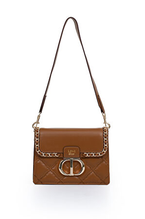 İki Bölmeli Kapitone ve Zincir Detaylı Kapaklı Uzun Askılı Orta Boy Kadın Omuz Çantası LV930579 Taba