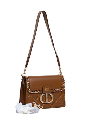 İki Bölmeli Kapitone ve Zincir Detaylı Kapaklı Uzun Askılı Orta Boy Kadın Omuz Çantası LV930579 Taba