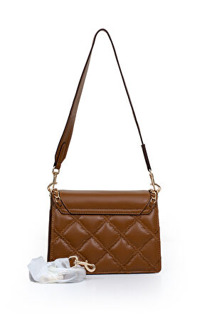 İki Bölmeli Kapitone ve Zincir Detaylı Kapaklı Uzun Askılı Orta Boy Kadın Omuz Çantası LV930579 Taba