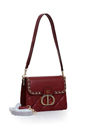 İki Bölmeli Kapitone ve Zincir Detaylı Kapaklı Uzun Askılı Orta Boy Kadın Omuz Çantası LV930579 Bordo
