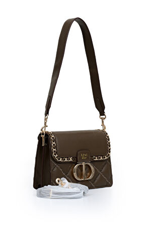 İki Bölmeli Kapitone ve Zincir Detaylı Kapaklı Uzun Askılı Orta Boy Kadın Omuz Çantası LV930579 Kahve