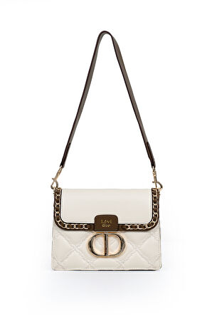İki Bölmeli Kapitone ve Zincir Detaylı Kapaklı Uzun Askılı Orta Boy Kadın Omuz Çantası LV930579 Krem