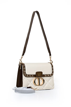İki Bölmeli Kapitone ve Zincir Detaylı Kapaklı Uzun Askılı Orta Boy Kadın Omuz Çantası LV930579 Krem
