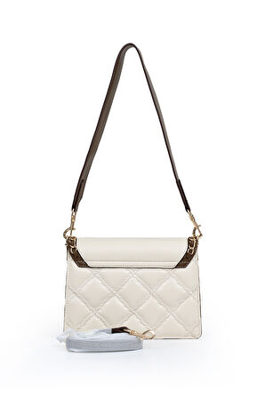 İki Bölmeli Kapitone ve Zincir Detaylı Kapaklı Uzun Askılı Orta Boy Kadın Omuz Çantası LV930579 Krem