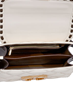 İki Bölmeli Kapitone ve Zincir Detaylı Kapaklı Uzun Askılı Orta Boy Kadın Omuz Çantası LV930579 Krem