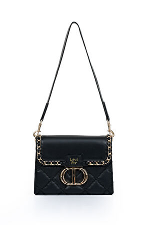 İki Bölmeli Kapitone ve Zincir Detaylı Kapaklı Uzun Askılı Orta Boy Kadın Omuz Çantası LV930579 Siyah