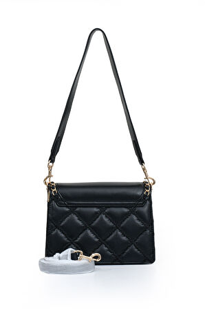 İki Bölmeli Kapitone ve Zincir Detaylı Kapaklı Uzun Askılı Orta Boy Kadın Omuz Çantası LV930579 Siyah