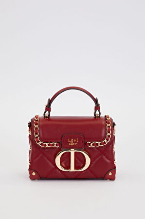 Kapitone Nakış, Zincir Örgü ve Metal Zımba Detaylı Küçük Boy Kadın El ve Omuz Çantası LV930580 Bordo