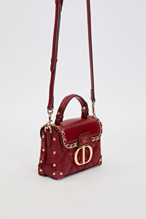 Kapitone Nakış, Zincir Örgü ve Metal Zımba Detaylı Küçük Boy Kadın El ve Omuz Çantası LV930580 Bordo