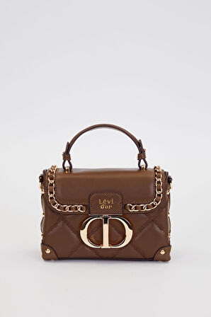 Kapitone Nakış, Zincir Örgü ve Metal Zımba Detaylı Küçük Boy Kadın El ve Omuz Çantası LV930580 Kahve