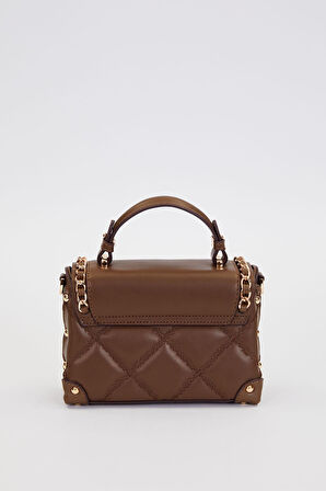 Kapitone Nakış, Zincir Örgü ve Metal Zımba Detaylı Küçük Boy Kadın El ve Omuz Çantası LV930580 Kahve