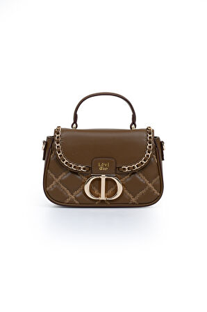 Kapitone Nakış ve Zincir Örgü Detaylı Uzun Askılı Orta Boy Kadın El ve Omuz Çantası LV930582 Kahverengi