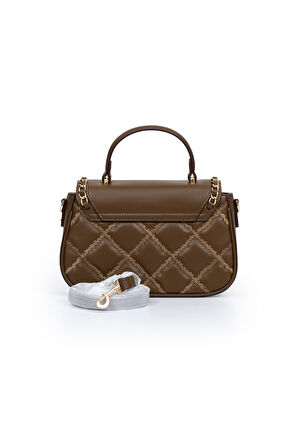 Kapitone Nakış ve Zincir Örgü Detaylı Uzun Askılı Orta Boy Kadın El ve Omuz Çantası LV930582 Kahverengi