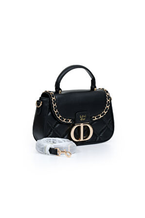 Kapitone Nakış ve Zincir Örgü Detaylı Uzun Askılı Orta Boy Kadın El ve Omuz Çantası LV930582 Siyah