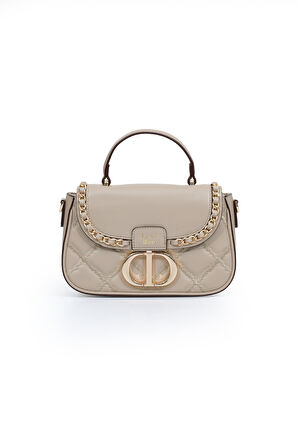 Kapitone Nakış ve Zincir Örgü Detaylı Uzun Askılı Orta Boy Kadın El ve Omuz Çantası LV930582 Vizon